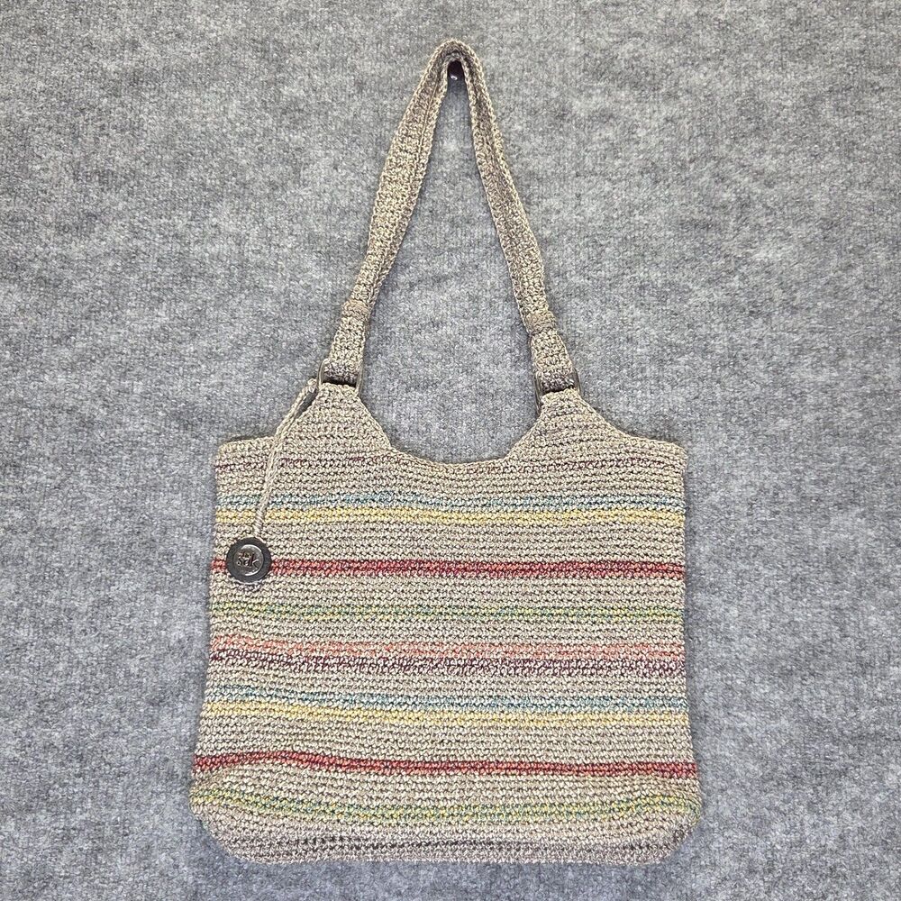 The Sak Crochet Shoulder Bag Tote Tan Multicolor Stripe Zip Top Purse Womens